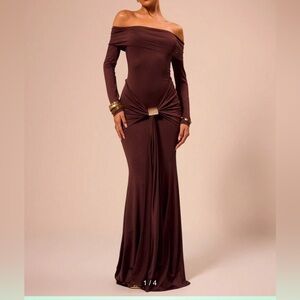 Brown maxi dress. Off Shoulder Long Sleeve Wrap Maxi Holiday Party Dress.